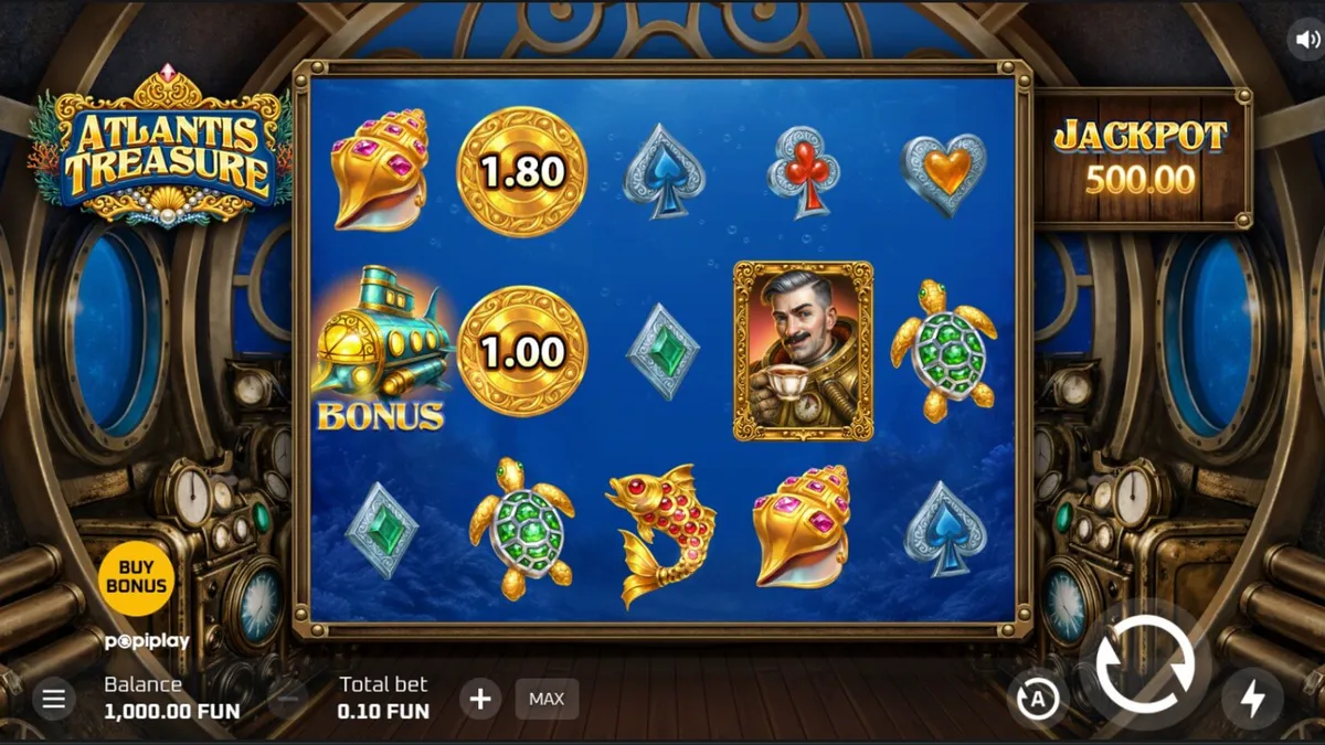 Pemandangan bawah laut yang misterius dengan reruntuhan steampunk di slot Atlantis Treasure