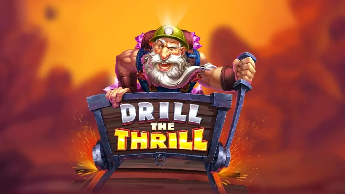 Tampilan antarmuka seluler dari slot Drill the Thrill dengan grafis tambang yang dinamis