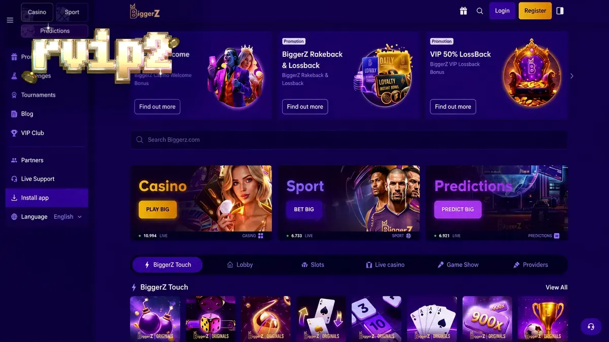Antarmuka platform taruhan BiggerZ yang menampilkan berbagai opsi permainan kasino dan taruhan olahraga